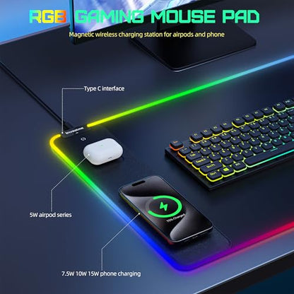 Wireless Charging RGB Gaming Mouse Pad, Large XXL Desk Mat, 31.5"x15.7"