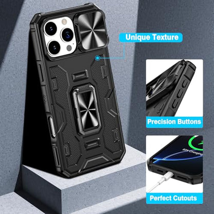 VEGO for iPhone 16 Pro Max Case with Belt Clip Holster and Kickstand Black | Slide Camera Lens Protector & Ring Kickstand Military Grade Heavy Duty Protection Cover for iPhone 16 ProMax - Black - color: Black