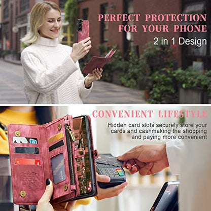 Compatible with Samsung Galaxy S23 Wallet Case,Zipper Folio Leather Case Wallet with Card Holder Strap Wristlet Detachable Magnetic Protective Back Case for Galaxy S23 5G 6.1 Inch(Red) - color: Red, size: S23 5G 6.1 Inch