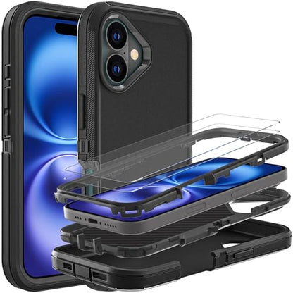 YKHJKLEC for iPhone 16 Case, Military Grade 3 in 1 Heavy Duty Shockproof/Drop Proof/Dust Proof Case with 2Pcs Tempered Glass Screen Protector (Black/Black) - color: Black/Black