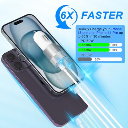 iPhone Car Charger Fast Charging, 60W Car Charger+Two Types of Cables, 2PCS