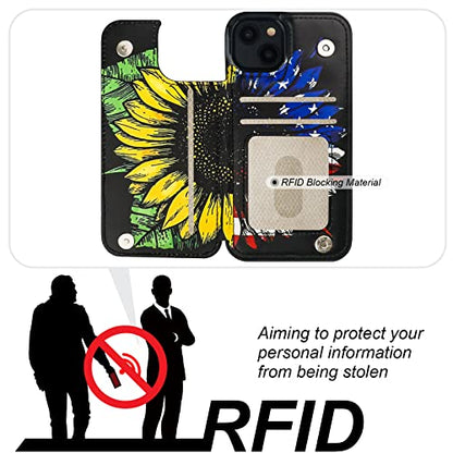 HAOPINSH for iPhone 14 Wallet Case with Card Holder, American Flag Sunflowers Pattern Back Flip Folio PU Leather Kickstand Card Slots Case for Women Girls, Double Magnetic Clasp Shockproof Cover 6.1" - color: American Flag Sunflowers