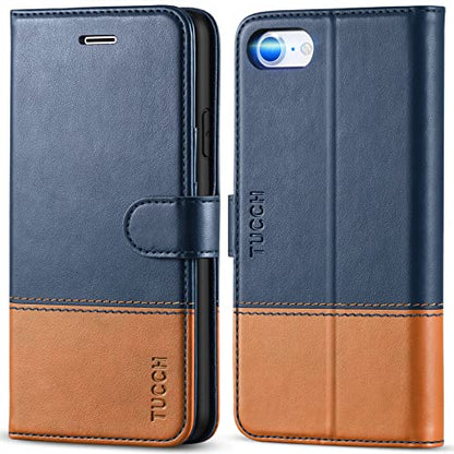 TUCCH Wallet Case for iPhone SE 2022/SE 2020/iPhone 8/7, Blue & Brown | 3 Card Holders, Kickstand, PU Leather, Shockproof TPU Shell, Magnetic Closure, Protective Folio Cover - color: Dark Blue & Brown