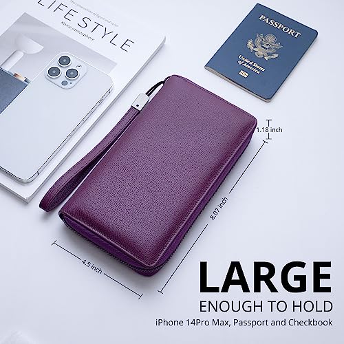 Bveyzi Women RFID Blocking Wallet Leather Zip Around Phone Clutch Large Capacity Ladies Travel Purse Wristlet - color: Purple