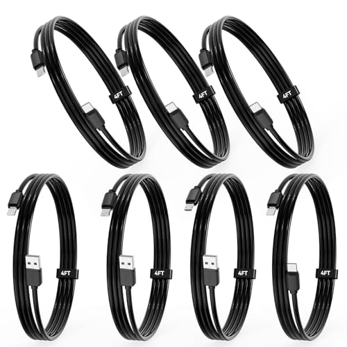 7-Pack Assorted Individual 4FT USB and USB-C Cables, Compatible/w iPhone17,16,15, iPhone14-5/ iPad/MacBook/iPad mini/Samsung Moblies & Tablets/Pixel & Nexus/HTC etc (Black) - color: Black