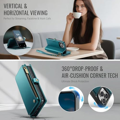 Defencase for iPhone 15 Pro Case Wallet Compatible with Magsafe, Blue Green | Drop-Proof Magnetic Detachable Phone Cases Cover, with RFID Bolcking Card Holder, Zipper Strap, PU Leather, Removable Wallet - color: (Detachable with Magsafe)-Blue Green