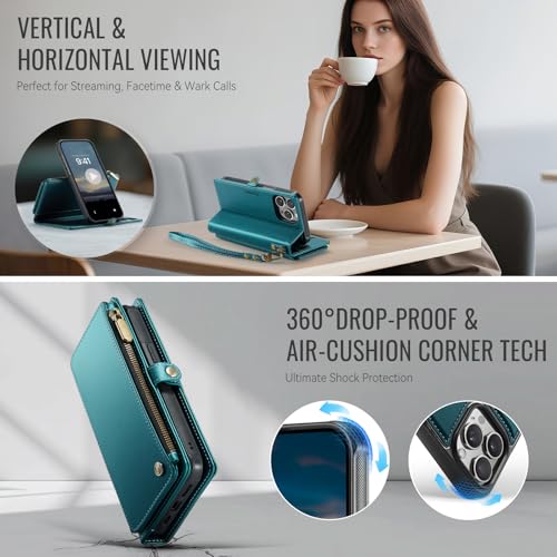 Defencase for iPhone 13 Pro Case Wallet Compatible with Magsafe, Blue Green | Drop-Proof Magnetic Detachable Phone Cases Cover, with RFID Bolcking Card Holder, Zipper Strap, PU Leather, Removable Wallet - color: (Detachable with Magsafe)-Blue Green
