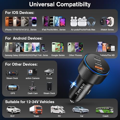 USB C Car Charger, 3-Port 93W Dual USB-C+USB-A Fast Charging Adapter - color: 3 Pack Black