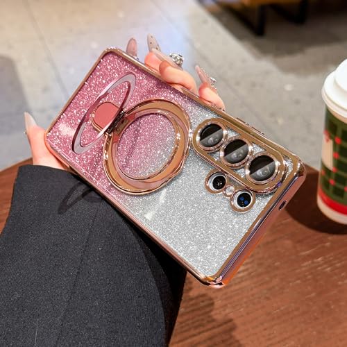 LXK Magnetic for Samsung Galaxy S26 Ultra Case with Stand, Compatible with MagSafe, with Camera Protector, Clear Luxury Glitter Bling Drop Protection iPhone Case for Galaxy S26 Ultra, Pink - color: Pink Glitter