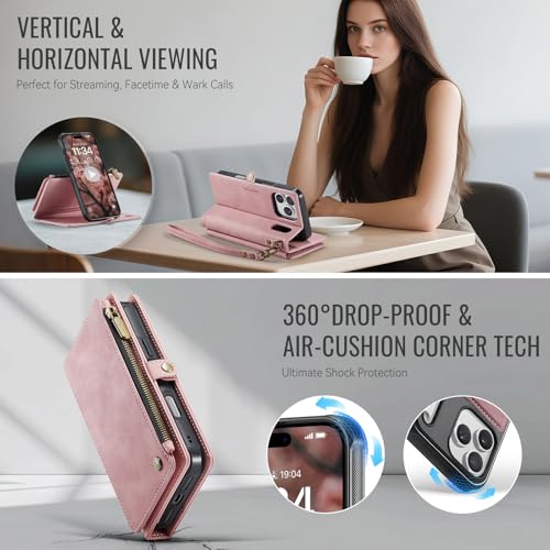 Defencase for iPhone 17 Pro Max Case Wallet Compatible with Magsafe, Pink | Drop-Proof Magnetic Detachable Phone Cases Cover, with RFID Bolcking Card Holder, Zipper Strap, PU Leather, Removable Wallet - color: (Detachable with Magsafe)-Pink