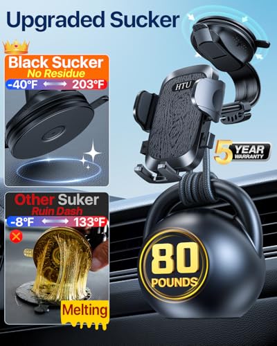 HTU Upgraded Strongest Suction No Block View Bendable Arm Car Phone Holder - color: Deep Black