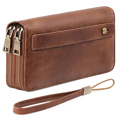 GAEKEAO RFID Leather Wristlet Wallet for Women with Grip Strap | Large capacity clutch wallet, credit card holder, wrist strap, zipper purse, travel and shopping - color: A01 Retro Brown Tan