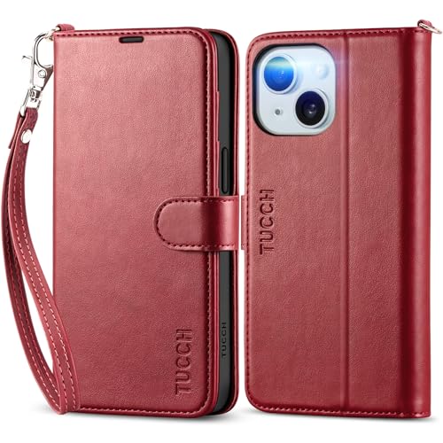 TUCCH Wallet Case with Wrist Strap for iPhone 15 (6.1") 2023, Dark Red | 4 Card Holders, RFID Blocking, Viewing Stand, Shockproof TPU Shell, PU Leather, Magnetic Closure, Folio Flip Cover - color: Dark Red with Strap