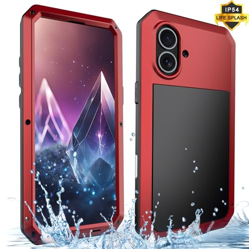 for iPhone 16 Metal Case 6.1",Heavy Duty Shockproof Aluminum Alloy Tough Armour Military Grade Phone Case,360 Full Body Protective Cover with Silicone Built-in Screen Protector - Red - color: Red