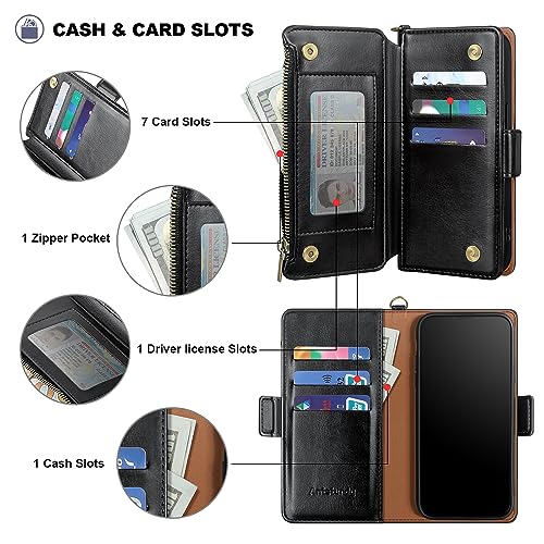 Antsturdy for iPhone 6/6S/7/8/SE 2020/SE 2022 Phone Wallet Case Women,Black | RFID Blocking,with Credit Card Holder Slots,PU Leather Purse,Zipper Pocket,Wrist Strap Kickstand,Flip Folio Cover for Men - color: Black