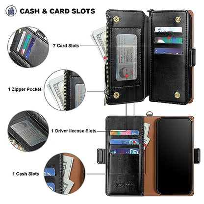 Antsturdy for iPhone 6/6S/7/8/SE 2020/SE 2022 Phone Wallet Case Women,Black | RFID Blocking,with Credit Card Holder Slots,PU Leather Purse,Zipper Pocket,Wrist Strap Kickstand,Flip Folio Cover for Men - color: Black