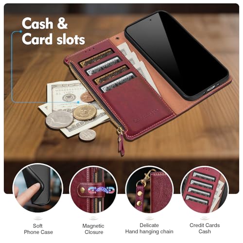 Compatible with iPhone 13 Pro Max Wallet Case with Card Holder RFID Blocking Zipper PU Leather Flip Phone Case with Wrist Strap Credit Card Slots Men Women,for Apple 13 Pro Max,Wine Red - color: Wine Red, size: iPhone 13 Pro Max - 6.7