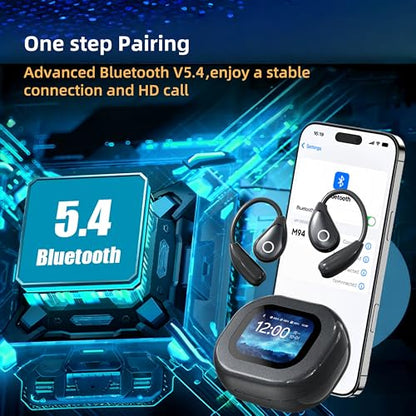 Wireless Earbuds with Touch Screen Charging Case, Open Ear Headphones,Sport Earbuds Bluetooth 5.4, 16mm Diaphragm Hi-Fi Stereo Sound,IPX6 Waterproof Over Ear Ear Buds with EQ/Remote Photo/Alarm,Black
