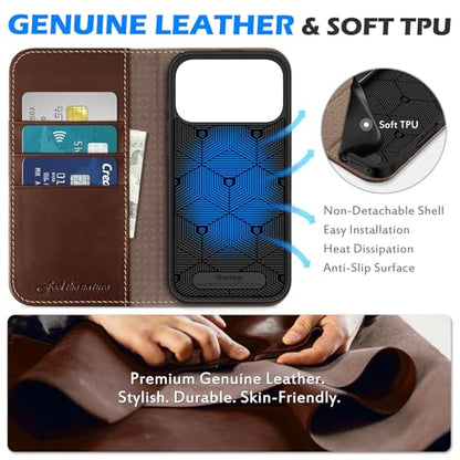 SHIELDON Leather Case Wallet for iPhone 17 Pro Max 6.9" 2025, Retro Coffee | Genunine Leather, Flip Magnetic Cover, Kickstand, RFID Blocking, 3 Credit Card Holder, Shockproof, Soft Inner Phone Case - color: Retro Coffee