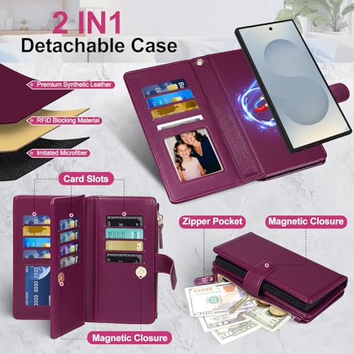 Magnetic Case for Samsung Galaxy S25 Ultra Wallet Compatible with Magsafe RFID Blocking Card Holder Detachable Phone Cover Kickstand Snap Strap Zipper Pocket PU Leather (Burgundy) - color: Burgundy, size: Galaxy S25 Ultra