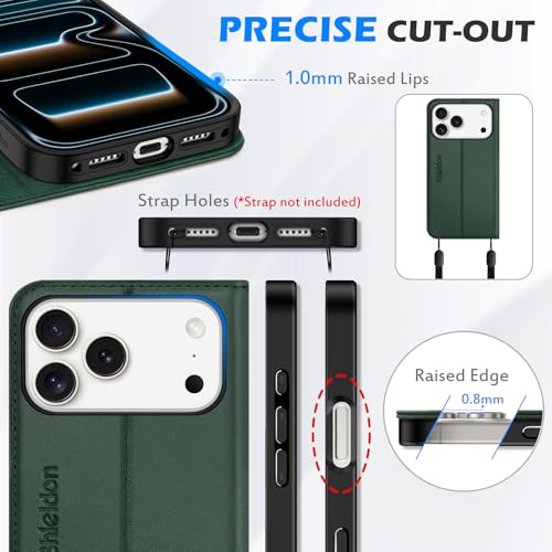 SHIELDON Genuine Leather Wallet Case for iPhone 17 Pro Max 6.9", Evergreen | RFID Blocking, Credit Card Holder, Magnetic Closure, Kickstand, Folio Design, Full Protection, Shockproof Phone Cover - color: Evergreen