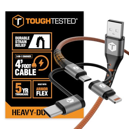 ToughTested 4FT 3-in-1 Fast Charging Cable, USB A Lightning USB-C, 3A