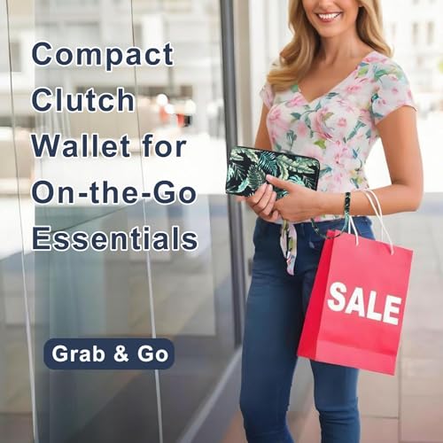 RFID Blocking Cellphone Wallet for Women with Wrist Strap, Double Zipper Travel Clutch Purse Large Capacity, Palm Leaf - color: Green Palm Leaf