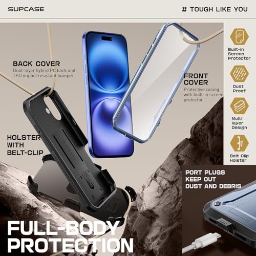 SUPCASE for iPhone 16 Case with Screen Protector & Kickstand, Blue - color: Tilt
