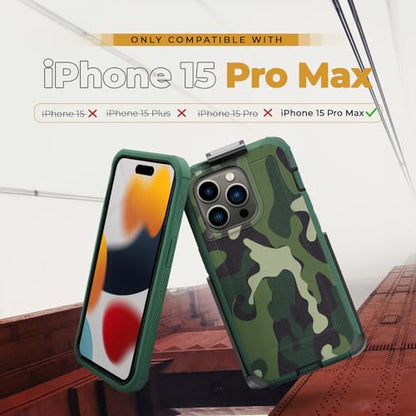 MOTIVE Heavy Duty Case for iPhone 15 Pro Max, Belt Clip Holster | 6.7" Green - color: Green Camouflage, size: iPhone 15 Pro Max
