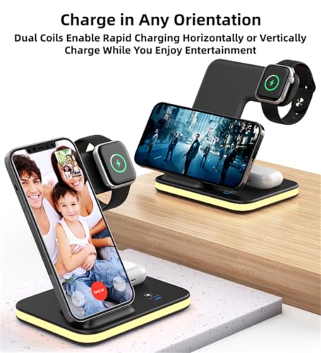 4 in 1 Wireless Charging Station, Travel Charging Pad, Soft Glow Night Light and Pure Copper Dual Coils, Wireless Charging Stand Dock for iPhone