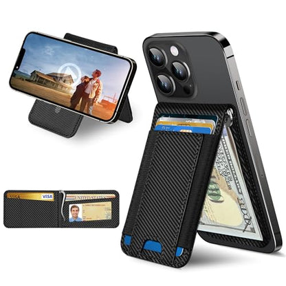 for MagSafe Wallet with Money Clip, ID Window & 8 Card Holder | Stronger Magnetic Wallet for iPhone 17/16/15/14/13/12 Series, RFID Blocking, for iPhone Wallet with Adjustable Stand - color: Carbon Fiber Black