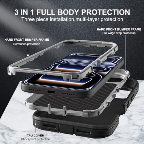 YKHJKLEC for iPhone 17 Pro Case, Military Grade 3 in 1 Heavy Duty Shockproof/Drop Proof/Dust Proof Case with 2Pcs Tempered Glass Screen Protector (Black/Grey) - color: Black/Grey