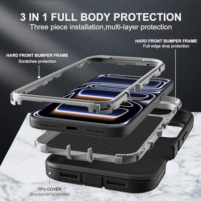 YKHJKLEC for iPhone 17 Pro Case, Military Grade 3 in 1 Heavy Duty Shockproof/Drop Proof/Dust Proof Case with 2Pcs Tempered Glass Screen Protector (Black/Grey) - color: Black/Grey