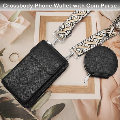 Cell Phone Crossbody Lanyard with Zipper Pouch PU Leather Crossbody Phone Bags Purses with Strap Wallet - color: Black Vertical