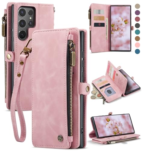 Defencase for Samsung Galaxy S25 Ultra Wallet Case with Card Holder, Pink | with RFID Blocking Zipper Pocket, Durable PU Leather, Wrist Strap, S25 Ultra Flip Phone Cases Cover with Stand for Women Men - color: Airy Rose Pink