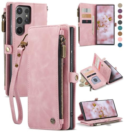 Defencase for Samsung Galaxy S25 Ultra Wallet Case with Card Holder, Pink | with RFID Blocking Zipper Pocket, Durable PU Leather, Wrist Strap, S25 Ultra Flip Phone Cases Cover with Stand for Women Men - color: Airy Rose Pink