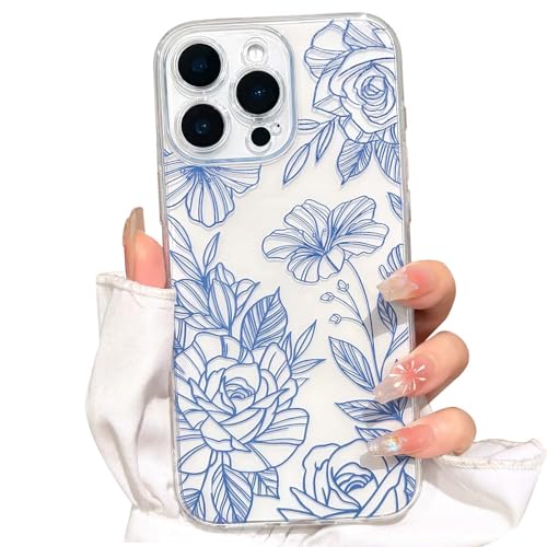 NITITOP for iPhone 15 Pro Max Case Cute Clear Flower - Blue | For girls women, Girly, Aesthetic, Soft TPU, Full camera lens, Protective, Shockproof phone cover - color: Blue, size: iPhone 15 Pro Max