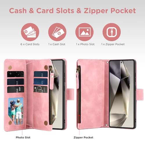 for Samsung Galaxy S24-Ultra-Wallet Case: with RFID Blocking Card Slots (6 Cards) | Soft PU Leather Magnetic Snap Zipper Pocket | Crossbody Wrist Strap Protective Phone Cover - Pink - color: Pink, size: Galaxy S24 Ultra（6.8‘’）