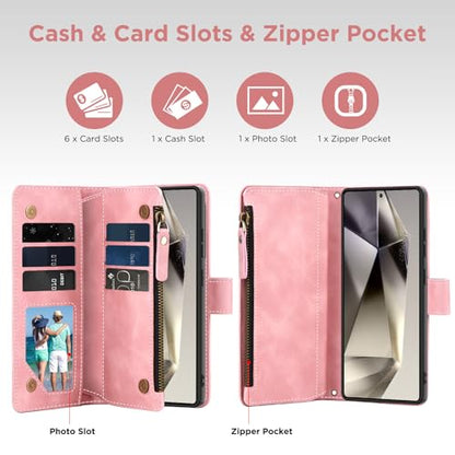 for Samsung Galaxy S24-Ultra-Wallet Case: with RFID Blocking Card Slots (6 Cards) | Soft PU Leather Magnetic Snap Zipper Pocket | Crossbody Wrist Strap Protective Phone Cover - Pink - color: Pink, size: Galaxy S24 Ultra（6.8‘’）