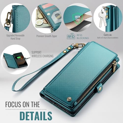 Defencase for Samsung Galaxy S25 Ultra Wallet Case with Card Holder, Green | with RFID Blocking Zipper Pocket, Durable PU Leather, Wrist Strap, S25 Ultra Flip Phone Cases Cover with Stand for Women Men - color: Blue Green