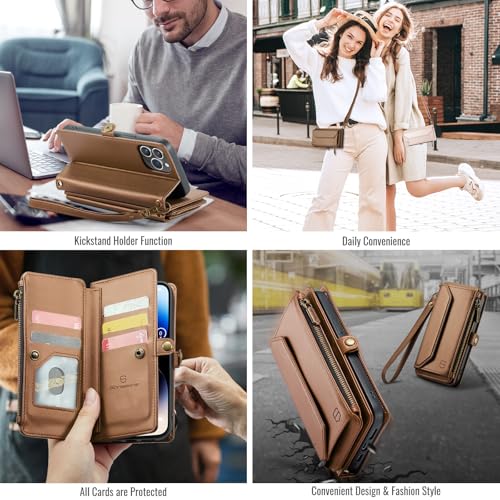 Strapurs Wallet Case Compatible with iPhone 14 Pro RFID Blocking 7-Card Holder Soft PU Leather Magnetic Snap Shoulder Strap Zipper Pocket Phone Case Fit for iPhone 14 Pro 6.1" - Brown | RFID Blocking 7-Card Holder, Shoulder Lanyard, Wirst Strap, Zipper Po