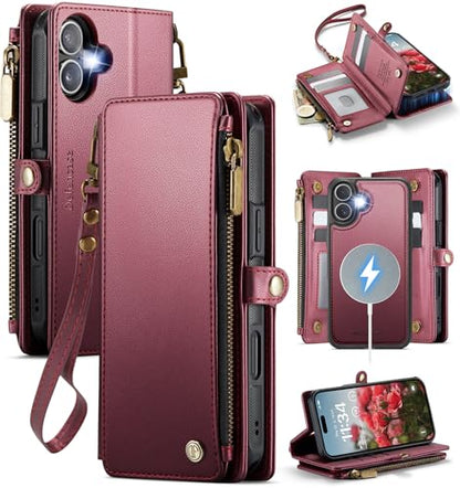 Defencase for iPhone 17 Phone Case Wallet Compatible with Magsafe, Wine Red | Magnetic Detachable, Drop-Proof Protective Wallet Cases Cover, with RFID Bolcking Card Holder, Zipper Strap, Soft PU Leather - color: (Detachable with Magsafe)-Wine Red