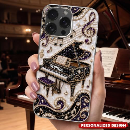 Grand Piano Music Note Phone Case -Personalized Gift for Pianists Custom Name Protective Cellphone Cover Unique Musician Present Music Teacher Student Birthday Holiday Accessory Multicolor