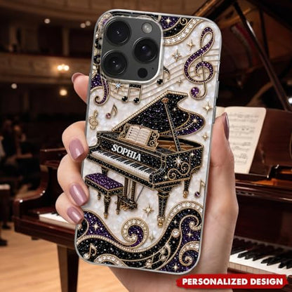 Grand Piano Music Note Phone Case -Personalized Gift for Pianists Custom Name Protective Cellphone Cover Unique Musician Present Music Teacher Student Birthday Holiday Accessory Multicolor