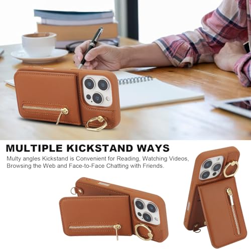 Crossbody Wallet Case for iPhone 12 Pro Max, with Card Slots Zipper Pocket Case, Flip Folio Purse RFID Blocking with Ring Kickstand Detachable Strap-Brown - color: Brown, size: iPhone 12 Pro Max(6.7")