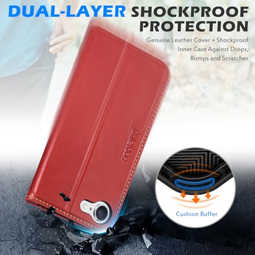 SHIELDON Genuine Leather Case Wallet for iPhone 17e/16e 6.1", Retro Red | Folio Magnetic Closure, RFID Blocking, Credit Card Holder, Kickstand, Shock Absorbing Protective Cover for Men Women - color: Retro Red