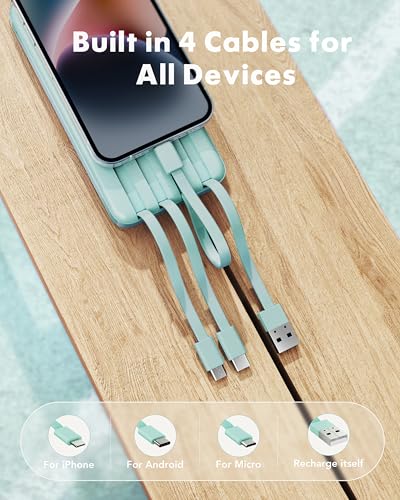 charmast 10000mAh Power Bank Portable Charger with 4 Built-in Cables - color: Qing