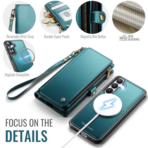 Defencase for Galaxy S26 Case Wallet Compatible with Magsafe, Blue Green | Magnetic Detachable, with RFID Bolcking Card Holder, Zipper Strap, PU Leather Drop-Proof Phone Cover for Samsung Galaxy S26 - color: (Detachable with Magsafe)-Blue Green