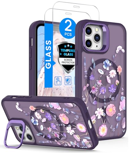 Dretal Magnetic for iPhone 11 Pro Case Floral,Screen Protector,Built-in Lens Ring Stand,Military-Grade Protection,Translucent Matte Magnetic Shockproof Flower Pattern Case for Women Girls-Deep Purple - color: Deep Purple, size: iPhone 11 Prp 5.8"