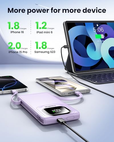 Portable Charger with Built-in Cables,22.5W Super Fast Charging Power Bank Slim Phone Charger,10000mAh Travel Battery Pack Battery Bank with Smart LED Display for iPhone, Android & USB-C (Purple) - color: Purple